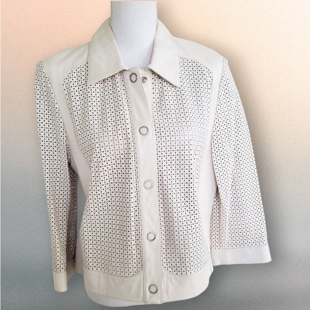Vintage 80s David Meister white leather jacket w/ see-thru holes
